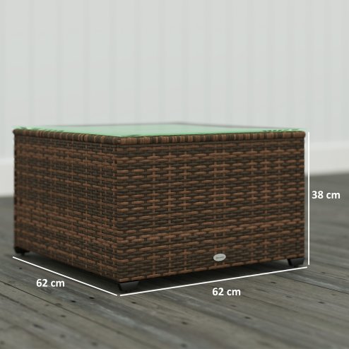 Outsunny Outdoor Coffee Table, PE Rattan Side Table with Tempered Glass Top, Wicker Square Garden Coffee Table End Table with Steel Frame for Patio, Balcony, 60 x 62 x 38cm, Brown