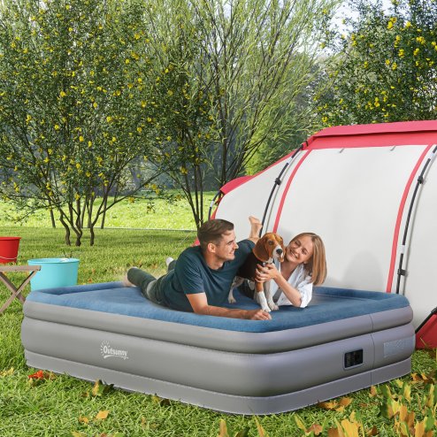 Outsunny King Size Air Bed with Built-in Pump, Inflatable Mattress with Carry Bag, Flocked Surface, Blow Up Airbed for Guest, Camping, Travel, 203 x 152 x 46cm, Blue and Grey