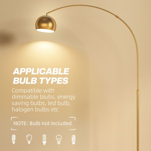 HOMCOM 180cm Arc Floor Lamp for Living Room, Modern Adjustable Standing Lamp with Foot Switch, Faux Black Marble Base and Bell Shade for Home Offices, Bedrooms, Gold Tone