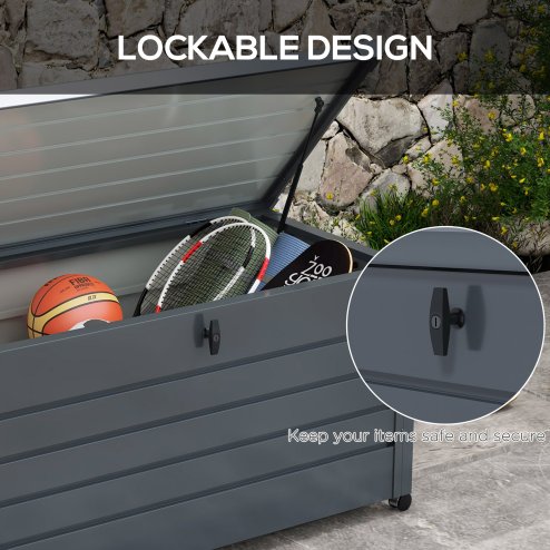 Outsunny 331 Litre Garden Storage Box, Waterproof Outdoor Storage Box with Wheels and Handles, Lockable Galvanised Steel Outside Deck Box Organiser for Tools, Cushions, Dark Grey