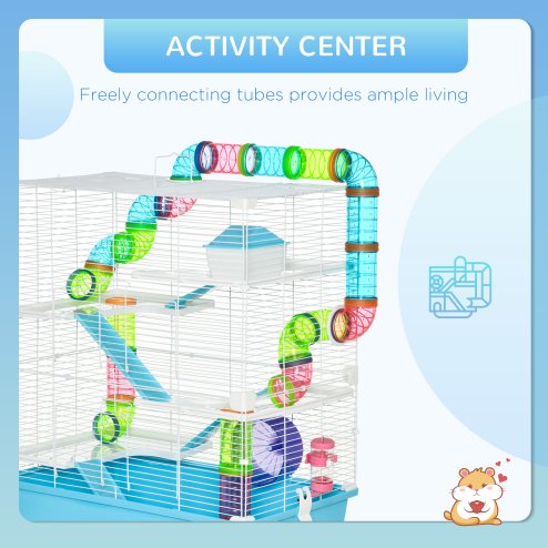 PawHut 5 Tier Hamster Cage, Gerbil Cage with Tube, Water Bottle, Exercise Wheel, Food Dish, 59L x 36W x 69H cm - Light Blue