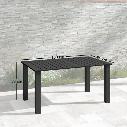 Outsunny Garden Table with Parasol Hole for 6 Person, Rectangle Outdoor Dining Table with Slatted Metal Tabletop, Steel Frame for Patio, Balcony, 150 x 90 x 73 cm, Black