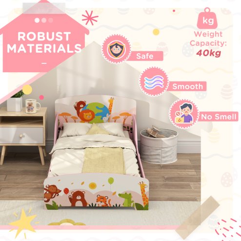AIYAPLAY Toddler Bed, Cute Animal-Themed Kids Bed Frame with Safety Rails, Kids Bedroom Furniture, 143 x 77 x 60cm, Pink