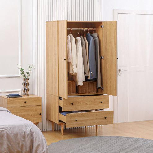 HOMCOM 2 Door Wardrobe with 2 Drawers, Hanging Rail, Anti-tipping Design for Bedroom Clothes Storage Organiser, Natural Wood Colour