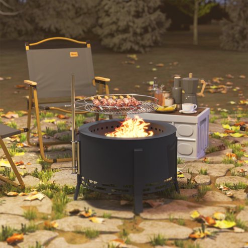 Outsunny Portable Fire Pit, 58 cm Round Firepit with Grill Grate, Fire Bowl with Ash Catcher and Poker, Fire Pit BBQ for Garden Camping Bonfire Picnic, Black