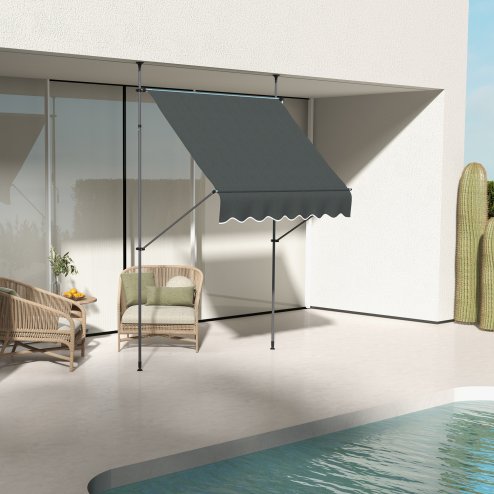 Outsunny 2 x 1.2m Free Standing Retractable Awning, Non-Screw Patio Sun Shade Shelter with Support Pole Stand and UV Resistant Fabric, for Window, Door, Porch, Deck, Dark Grey