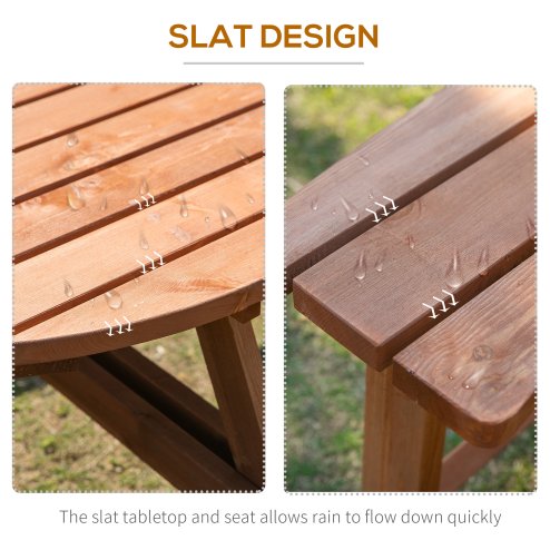 Outsunny 8 Seater Wooden Picnic Table and Garden Benches Set, Round Garden Dining Set with 4 Benches and Umbrella Hole Outdoor Garden Park, Brownish Red