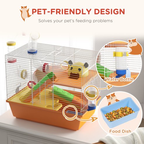 PawHut 3 Tiers Hamster Cage, Small Animal House with Tubes, Exercise Wheel, Ladder, Water Bottle, Dish, Hut, Top Handle, 45 x 28 x 37cm - Orange