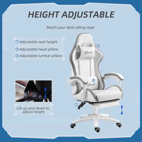 Vinsetto Computer Gaming Chair, PU Leather Office Desk Chair with Footrest, Swivel Wheels, 135?? Reclining Back, Lumbar Support, Headrest for Home, White and Grey