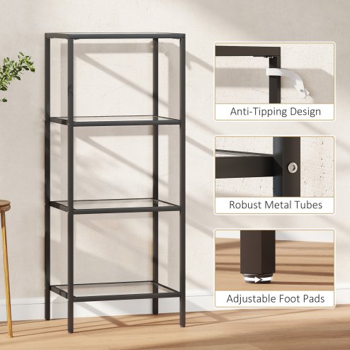 HOMCOM 4-Tier Shelving Unit, Modern Glass Shelf, Bookshelf, Storage Rack for Living Room, Home Office, Bedroom, Bathroom, 40 x 30 x 97 cm, Black