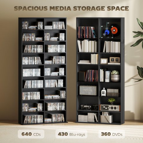 HOMCOM 640 CD/360 DVD Storage Unit, Blu-ray Media Storage Shelf with 18 Compartments and 14 Adjustable Shelves, CD Tower for Living Room, Bedroom, Office
