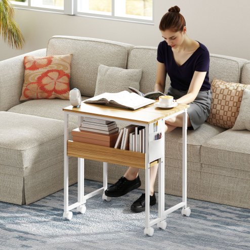 HOMCOM Folding Desk with Storage Shelf and Bag, 63 cm Foldable Computer Desk for Small Spaces, Space Saving Writing Table on Wheels for Home Office, Bedroom, Easy Assembly, Natural Wood Finish