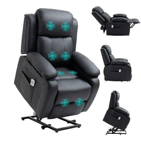 HOMCOM Riser and Recliner Chair with Massage, Power Lift Recliner Chair for Elderly with Remote Control, Extended Footrest, Dual Side Pockets, Overstuffed Electric Reclining Armchair, Black