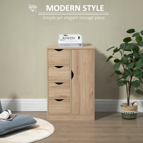 HOMCOM Bathroom Floor Cabinet, Freestanding Storage Unit with 4 Drawers and Door Cupboard for Living Room, Kitchen, Bedroom