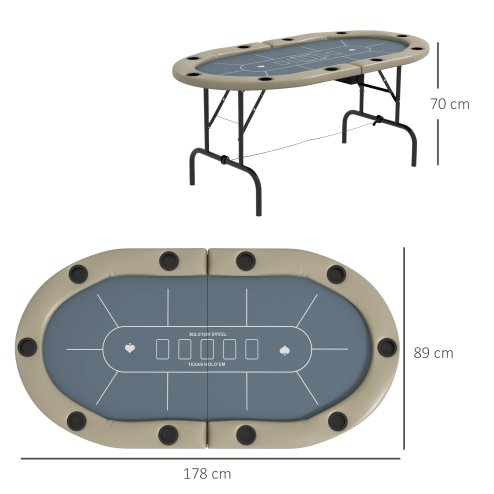 SPORTNOW 10 Player Folding Poker Table, Oval Portable Blackjack Casino Table with Cup Holders, Cushioning Edge, Brown and Blue