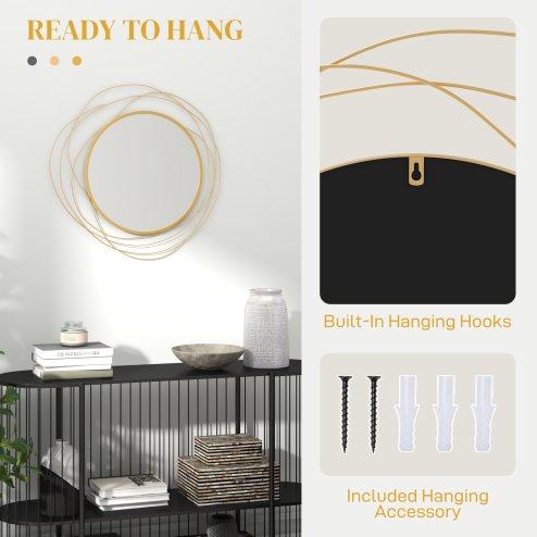 HOMCOM Metal Wall Art 65cm Modern Decorative Mirror Decor Hanging Home Wall Sculptures for Living Room Bedroom Dining Room, Gold