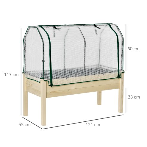 Outsunny Raised Garden Bed with PE Greenhouse Cover, Outdoor Elevated Wood Planter Box for Herbs and Vegetables, Use for Patio, Garden, Balcony, 121 x 55 x 117cm, Nature Wood Finish