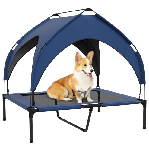 PawHut Cooling Raised Dog Bed, Elevated Pet Bed with Breathable Mesh, UV Protection Canopy, Foot Pads, for Indoor Outdoor, Medium, Large Dogs, 91 x 76 x 89cm - Dark Blue