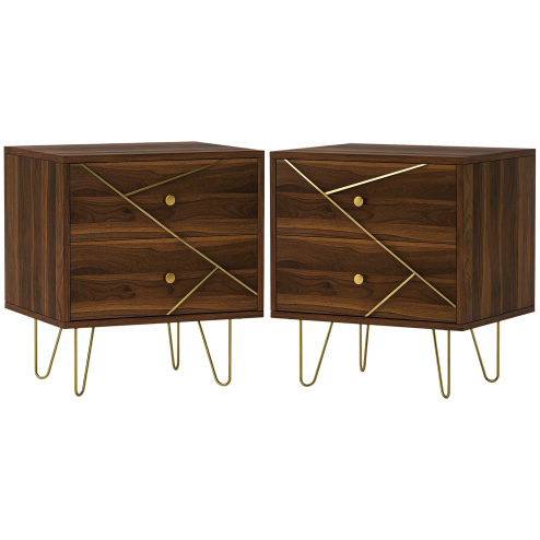 HOMCOM Bedside Tables Set of 2, Modern Side Table Set with 2 Drawers and Steel Hairpin Legs, Nightstand for Bedroom, Brown Wood Grain