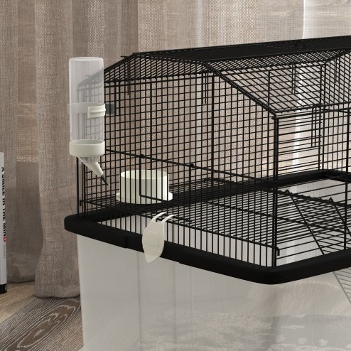 PawHut Hamster Cage, Gerbil Cage 2 Tier with Wheels, Deep Bottom, Ramp, Food Dish, Water Bottle, for Dwarf, Syrian, 57 x 43 x 57cm - Black