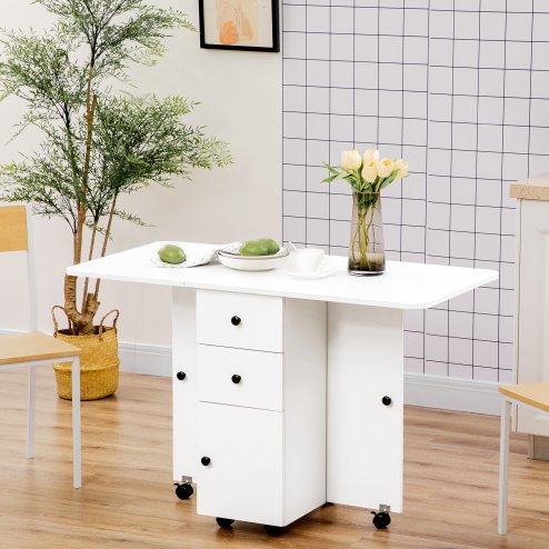 HOMCOM Folding Dining Table for 4-6, Rolling Drop Leaf Table on Wheels with Storage Drawers, Cabinet and Open Shelf for Kitchen, Dining Room