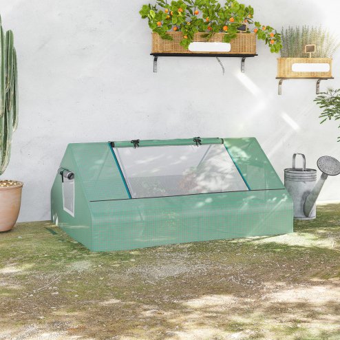 Outsunny 180 x 140 x 80cm Portable Mini Greenhouse, Garden Small Green House with Zipped Windows and Door, Tunnel Planting Shed, Outdoor Flower Planter Warm House, Dark Green