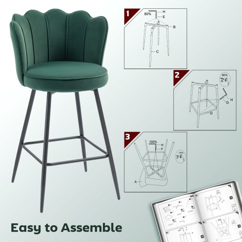 HOMCOM Bar Stools Set of 2, Modern Velvet-Feel Barstools with Petal Backrest and Footrest, Upholstered Breakfast Bar Chairs with Metal Legs for Kitchen Island Counter, Dining Room, Dark Green