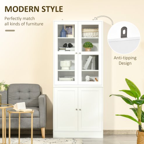 HOMCOM Modern Bookcase with Glass Doors, Display Storage Cabinet with Adjustable Shelves for Living Room, Study, Office