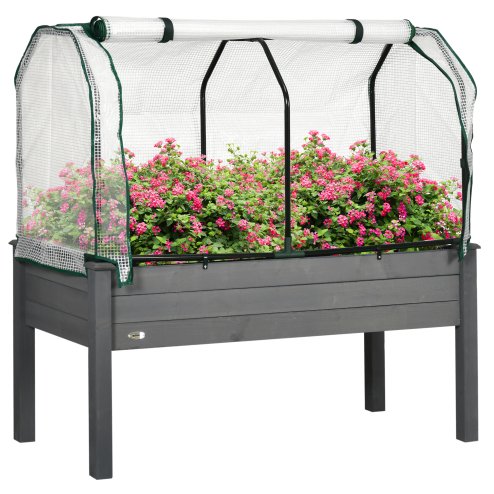 Outsunny Raised Garden Bed with PE Greenhouse Cover, Outdoor Elevated Wood Planter Box for Herbs and Vegetables, Use for Patio, Garden, Balcony, 121 x 55 x 117cm, Dark Grey