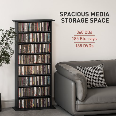 HOMCOM 360 CD/185 DVD Storage Unit, 185 Blu-ray Media Storage Shelf with 8 Compartments and 6 Adjustable Shelves, CD Tower for Living Room, Bedroom, Office