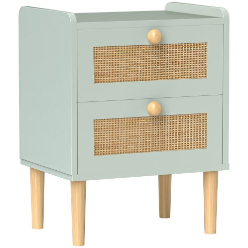 HOMCOM Bedroom Chest of Drawers, Boho Rattan Dresser with 2 Drawers, Storage Cabinet for Living Room, Hallway, Entryway, Olive Green