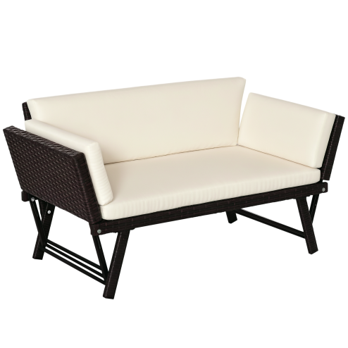 Outsunny Rattan Garden Sofa Bed with Adjustable Armrests, 2-in-1 Convertible Couch Garden Daybed Lounger, Outdoor Folding Chaise Lounge Loveseat with Cushions for Porch, Patio, Brown