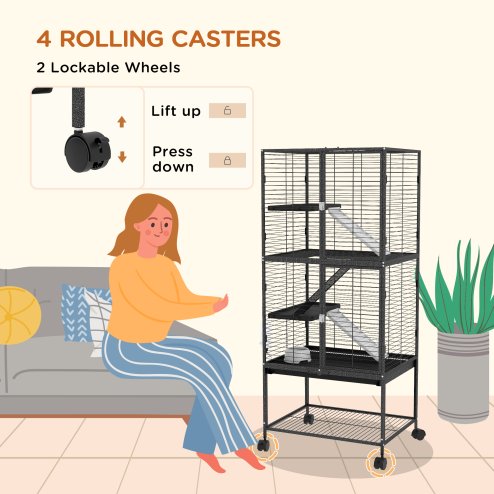 PawHut Ferret Cage Rolling Small Animal Cage 4 Levels Pet Cage 136cm Height for Chinchillas, Squirrels with 3 Doors, Storage Shelf, Tray, Bowl, Water Bottle, Ramps - Charcoal Grey
