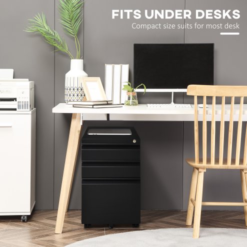 Vinsetto 3-Drawer Filing Cabinet with Lock, Mobile Steel File Cabinet for A4, Legal and Letter Size, Under Desk Drawers with Pre-Assembled Body for Home Office, 39 x 48 x 60 cm, Black