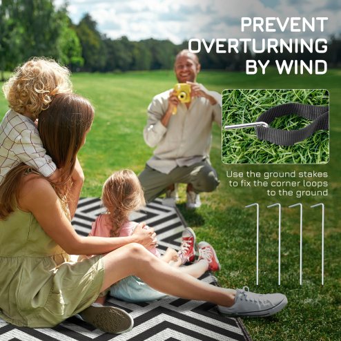 Outsunny Reversible Outdoor Rug with Carry Bag, Waterproof Plastic Straw Mat for Garden, Deck, RV, Picnic, Beach, Camping, 182 x 274cm, Black & White