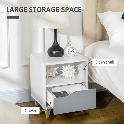HOMCOM Bedside Table Nightstand with Drawer and Shelf, Side End Table with Wood Legs for Bedroom, White and Grey