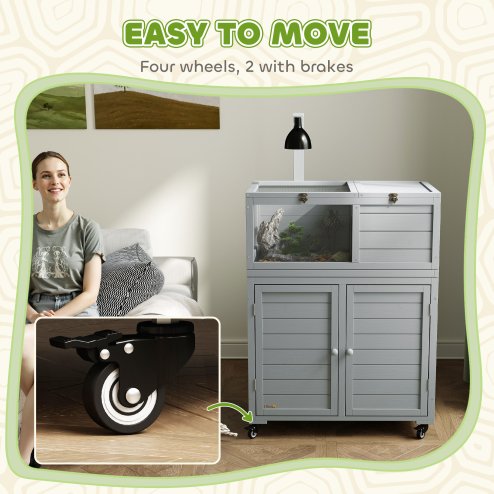 PawHut Tortoise House with Storage Cabinet, Wooden Tortoise Enclosure with Lamp Holder, Openable Top, Transparent Windows, Turtle Habitat for Indoor, Light Grey