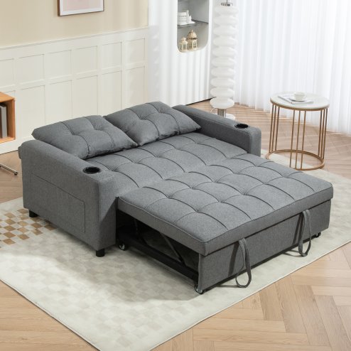 HOMCOM 2 Seater Sofa Bed, Convertible Pull Out Sofa Bed with Adjustable Backrest, Cup Holders and Pillows, Click Clack Settee for Living Room, Bedroom, Guest Room