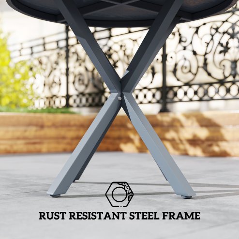 Outsunny Garden Table, 85cm Round Outdoor Dining Table with Steel Frame, Wood Effect Top, for Balcony, Deck, Dark Grey