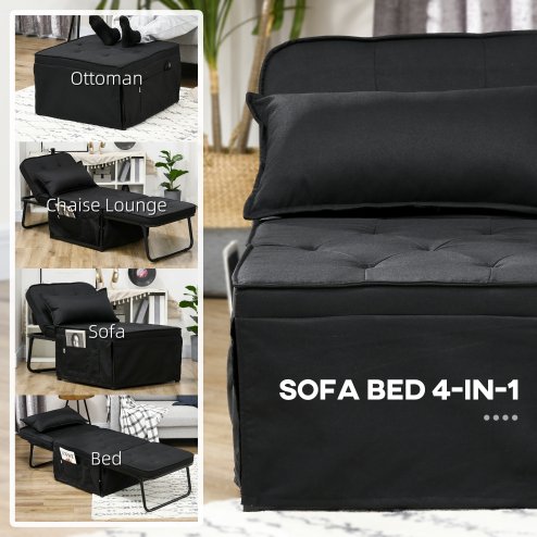 HOMCOM Folding Chair Bed, 4-in-1 Convertible Sleeper Chair with Adjustable Backrest, Pillow, Side Pockets, Armchair for Bedroom, Living Room