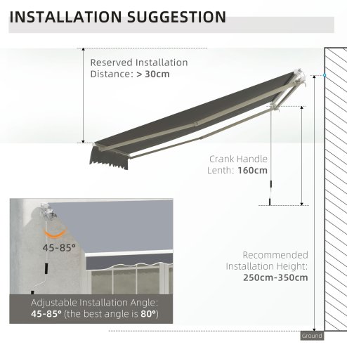 Outsunny 2.5m x 2m Retractable Awning, DIY Garden Awning Canopy, Anti-UV Sun Shade Shelter with Aluminium Frame and Crank Handle, Grey