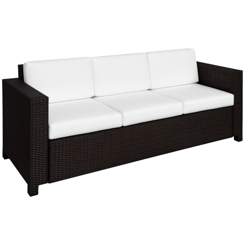 Outsunny 3 Seater Rattan Sofa with 10 cm Thick Padded Cushion, All-Weather PE Wicker Weave Garden Three-seater Bench with Armrests, Brown
