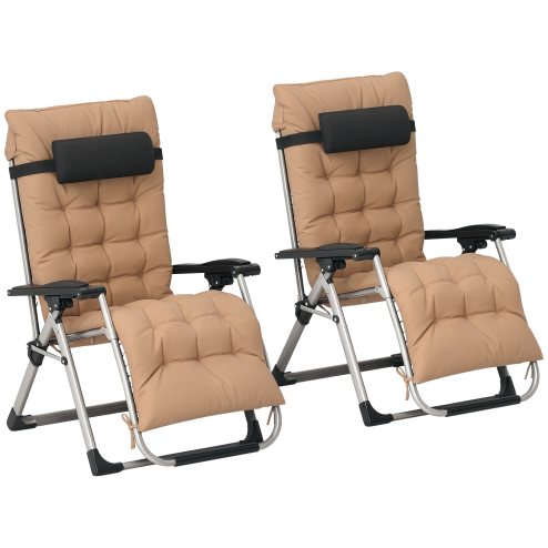 Outsunny 2 Piece Reclining Zero Gravity Chair Metal Frame Folding Garden Sun Lounger with Cushion Headrest, Khaki