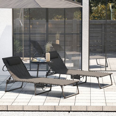Outsunny 2 Piece Foldable Sun Lounger Set with 5-level Reclining Back, Outdoor Tanning Chairs Sun Loungers with Build-in Padded Seat, Side Pocket, Headrest for Beach, Patio, Black