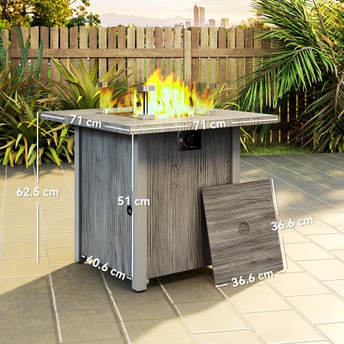 Outsunny Propane Gas Fire Pit Table for Garden, 40000 BTU Smokeless Firepit Outdoor Heater with Waterproof Cover, Glass Screen, Glass Beads and Lid, Wood Effect, 71 x 71 x 62.5cm, Dark Grey