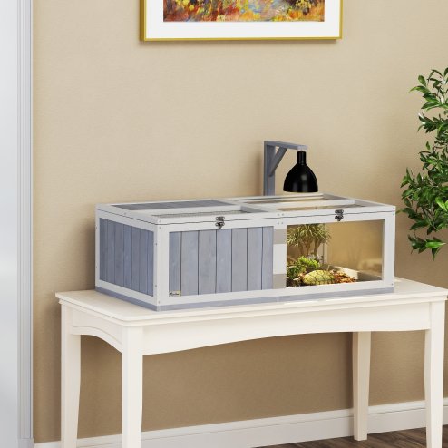 PawHut Tortoise House with Lamp Holder, Wooden Tortoise Enclosure with Clear Observation Windows, Openable Tops, Built-in Tray, Two-Room Turtle Table for Indoor Use, Light Grey