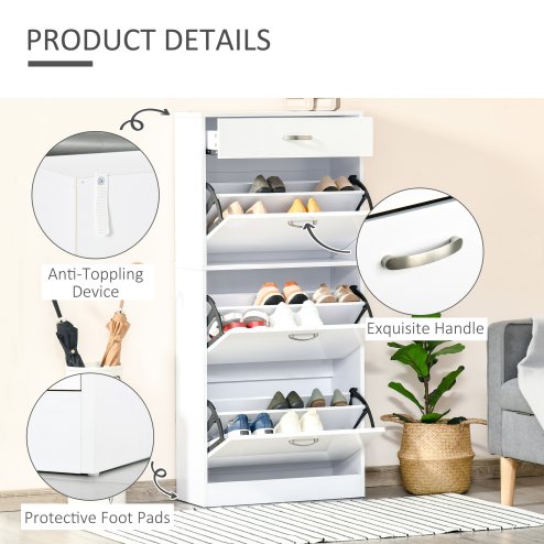 HOMCOM Shoe Cabinet with 3 Flip Drawers, High Gloss Shoe Storage Cabinet with Top Drawer and Adjustable Shelves, Shoe Cupboard for 18 Pairs