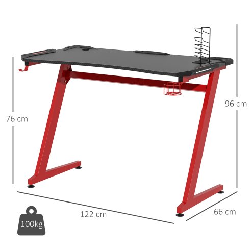 HOMCOM Gaming Desk, Carbon Fibre Covered Computer Desk, Gamer Workstation with Headphone Hook, Cup Holder and Gamepad Storage Rack
