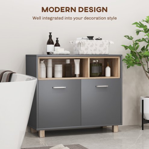 HOMCOM Bathroom Cabinet, Bathroom Storage Unit, Bathroom Storage Cabinet with Open Compartments and Double Doors
