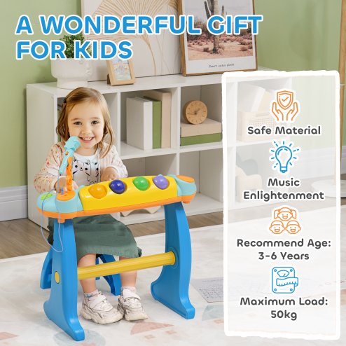 AIYAPLAY Kids Piano, 37 Keys Electronic Keyboard, Children Grand Piano with Microphone, Stool, LED Light, Record & Play Function, Musical Instrument for Kids Ages 3-6 Years, Blue